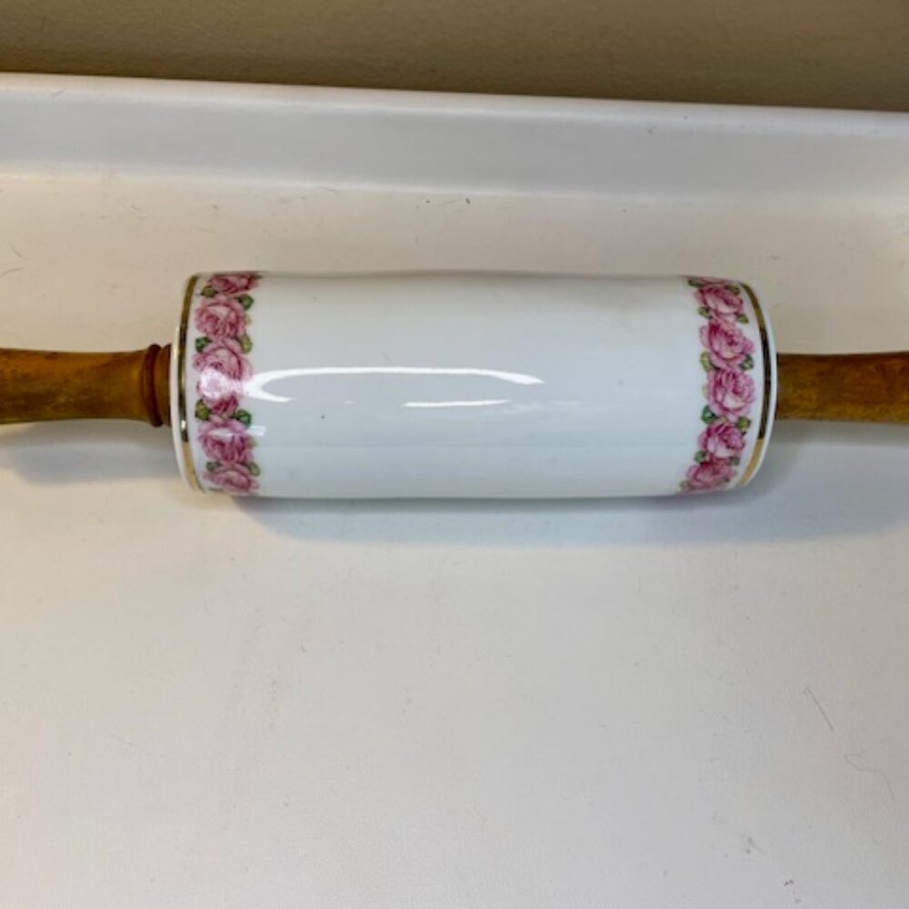 Victorian Porcelain Rolling Pin w/ Wooden Handles Rose Floral & Gold Cottagecore